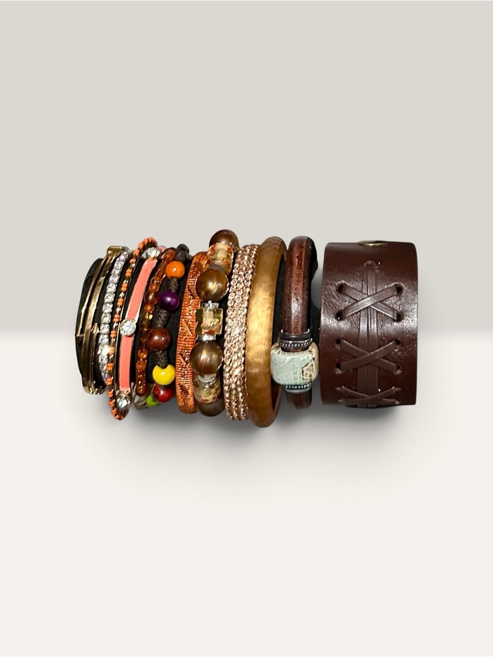 Boho Leather Wrap Layered Bracelet Stack Beaded Earth Tone Cuff Orange Brown OS